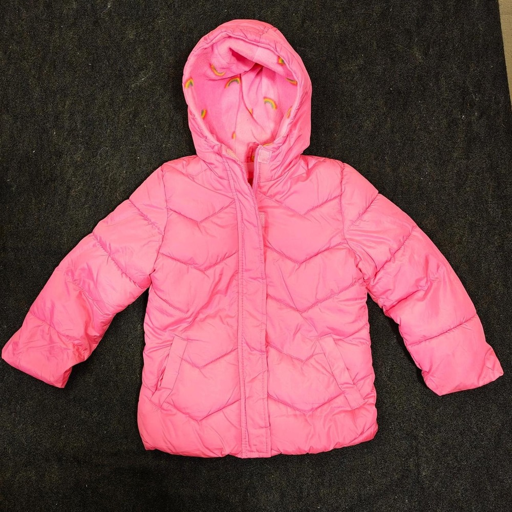 Pink Platinum Girls Puffer Jacket Rainbow Fleece Lined Hooded Pink Size 5/6